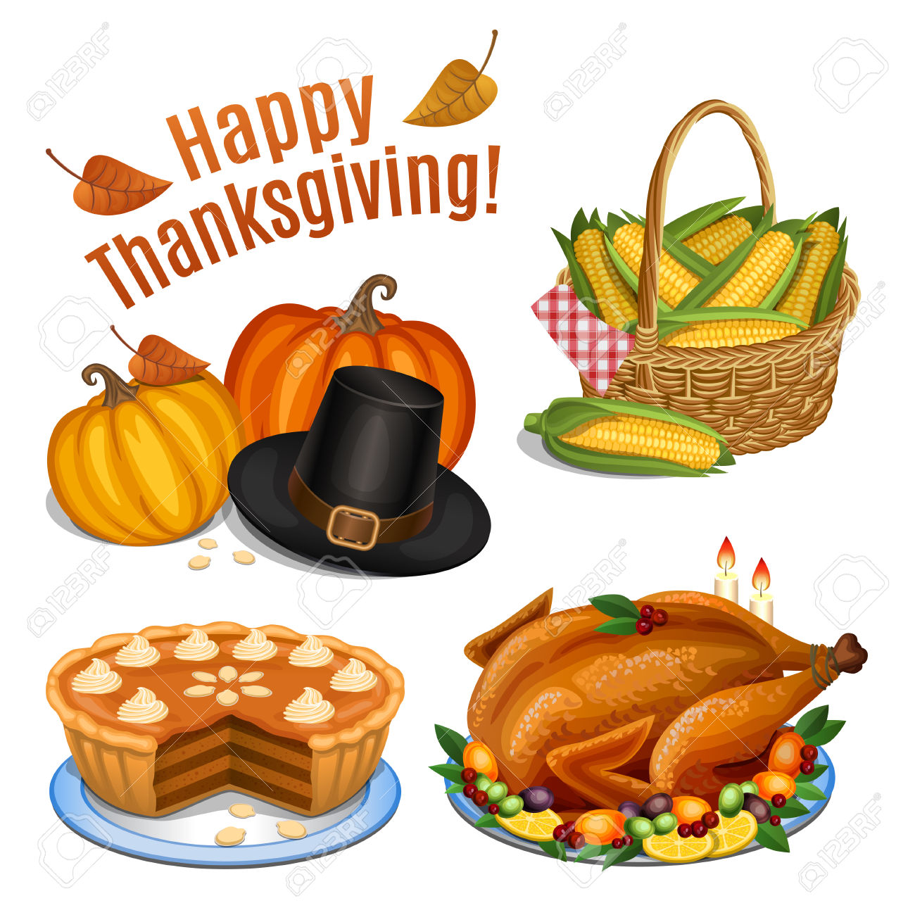 Set of cartoon icons for thanksgiving dinner, roast Turkey, pump