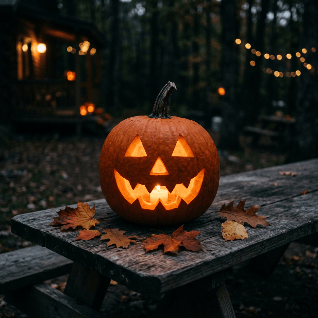 Glowing carved jack-o'-lantern on a wooden table surrounded by autumn leaves