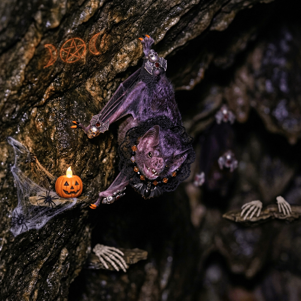 Small bat clinging upside down to a mossy tree trunk
