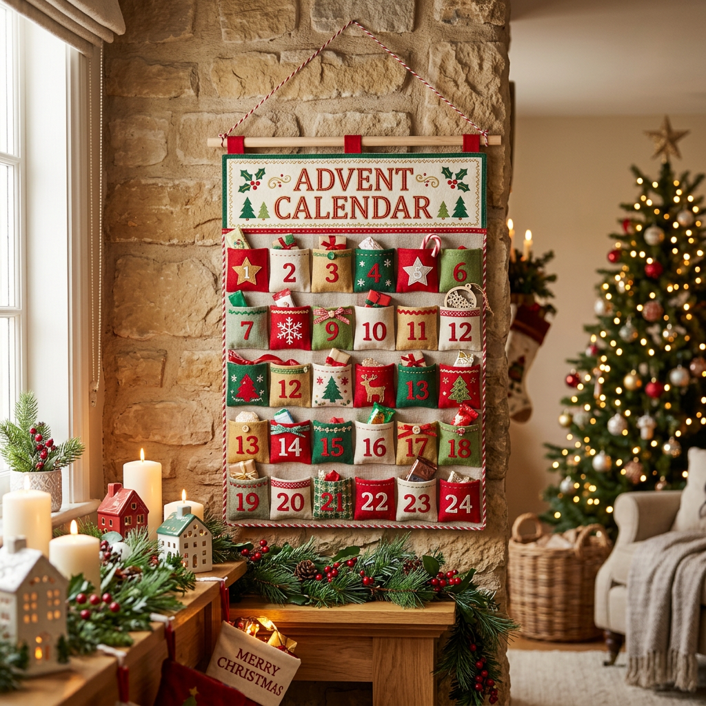 Fabric Advent calendar with numbered pockets beside a decorated Christmas tree